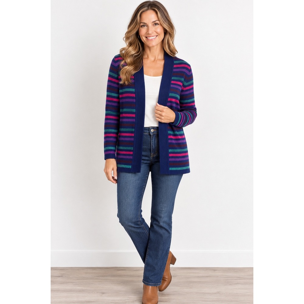 Talbots Petites MP Striped Open Front Cardigan Lambswool Blend Navy Jewel Tone